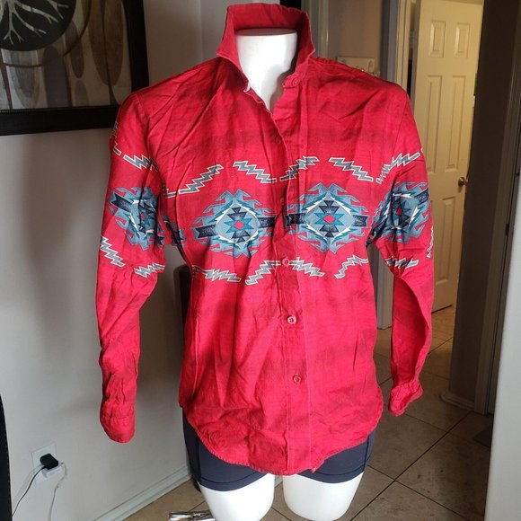 EUC Roper Western Shirt - Aztec Symbols on Muted Red Stripes - Women Size Small - Picture 8 of 9